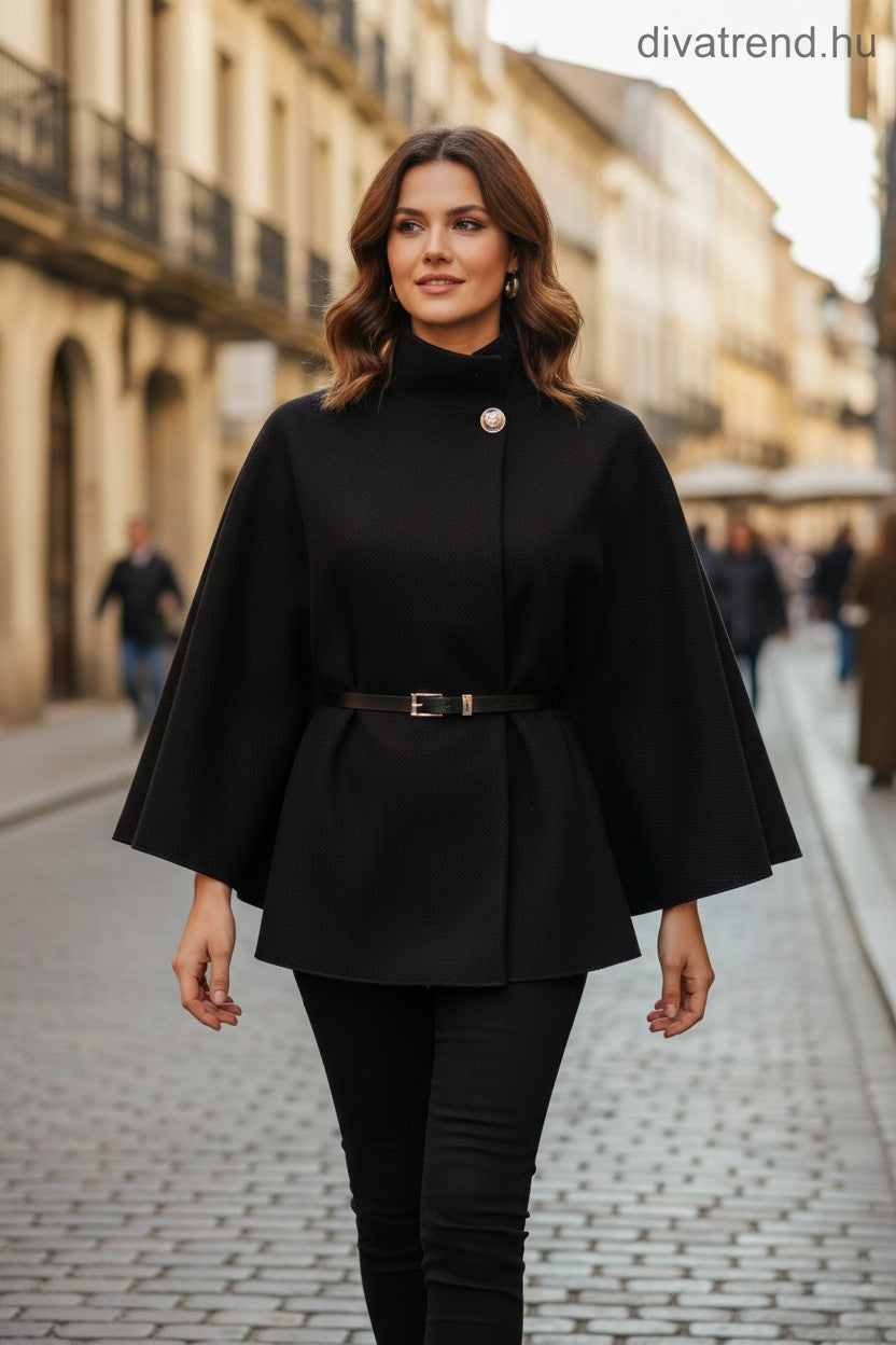 poncsó övvel sávolyszövet fekete