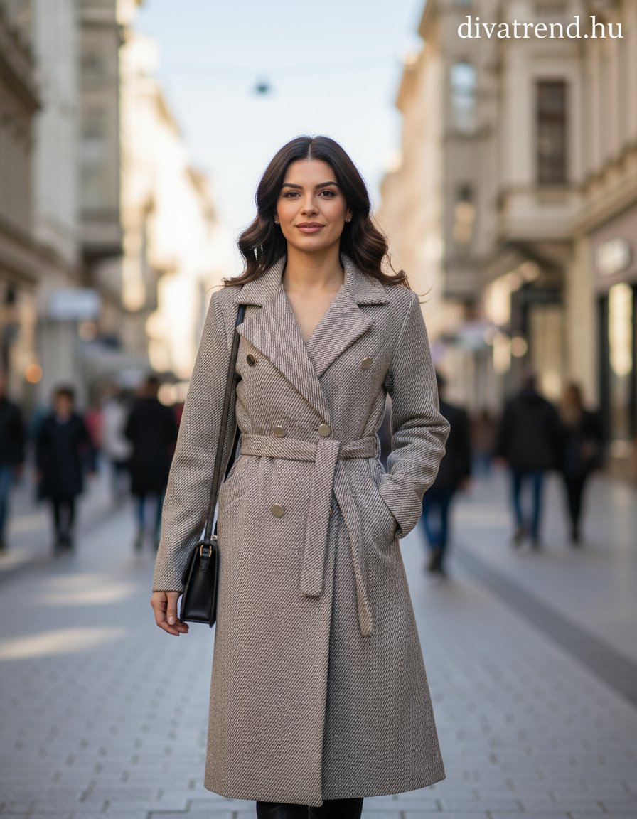 női hosszú szövetkabát V-myakú kötővel szürke