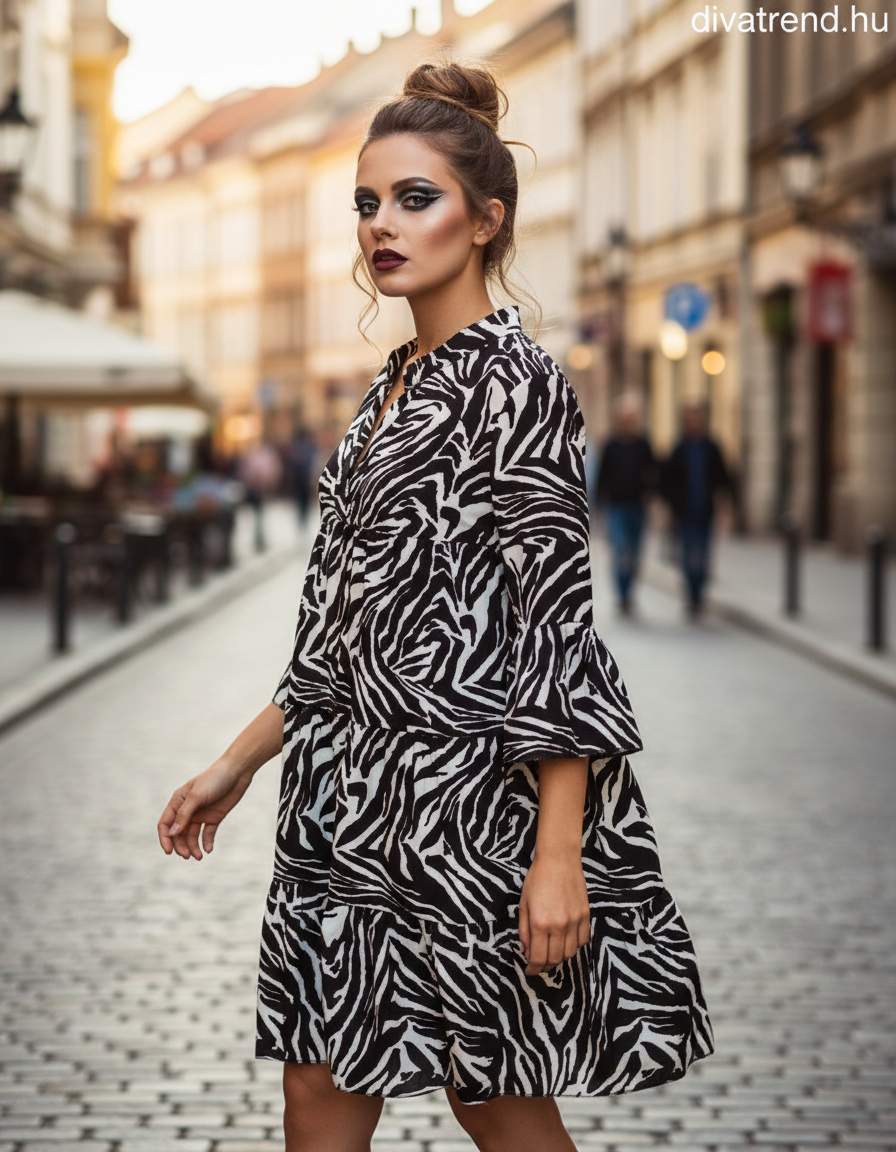 olasz női állat mintás ruha háromnegyedes ujjú V nyakú térd