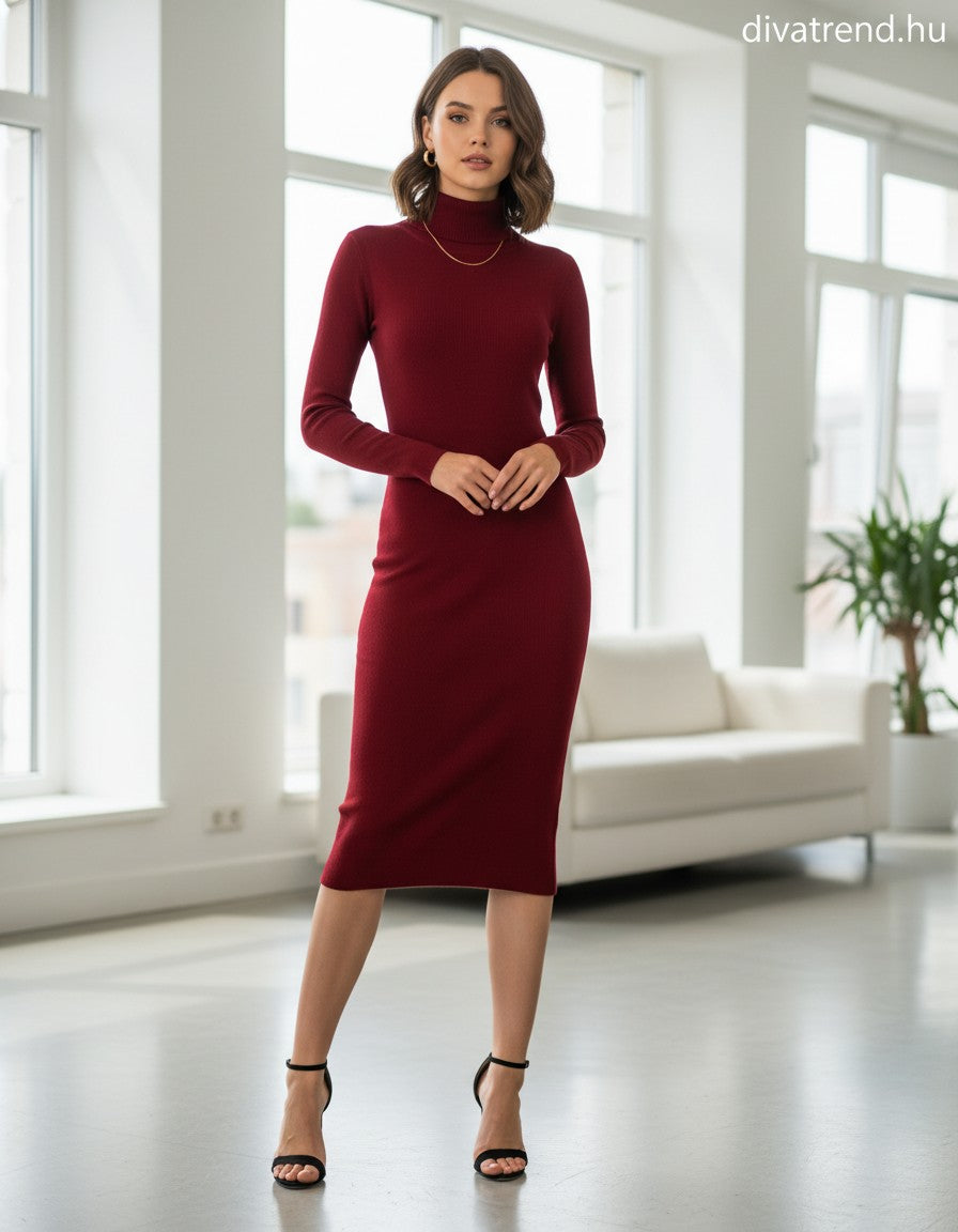 Zstudio női kötött ruha hosszú ujjú alakhangsúlyozó magas nyakú térd