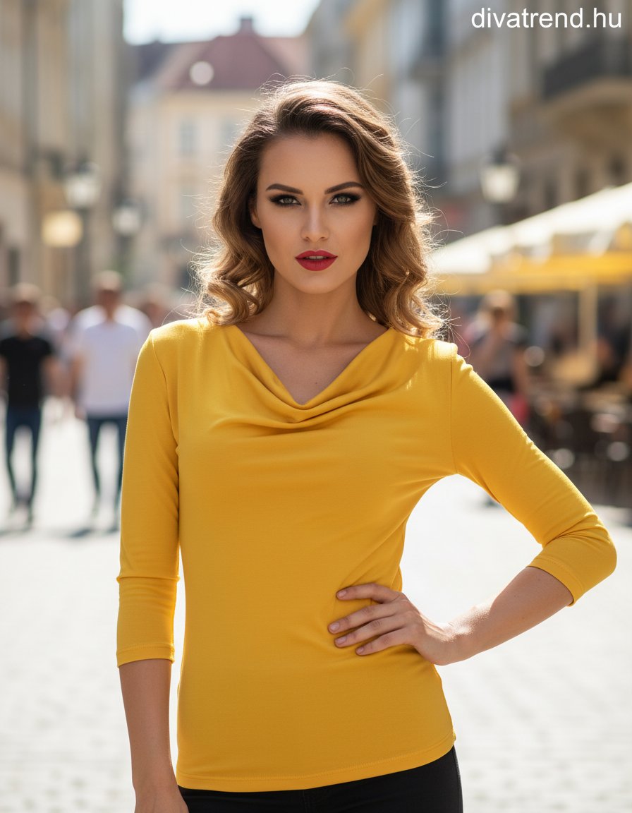 mustár Kikiriki női basic felső 3/4 ujjú kámzsás nyakú