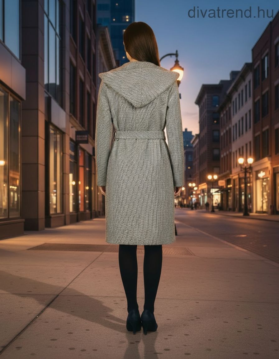 női hosszú szövet kabát kapucnis hátulról