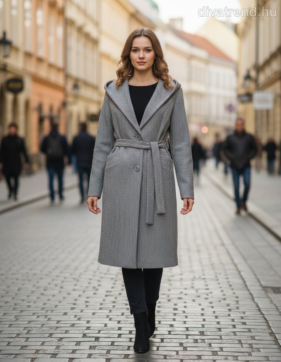 női hosszú szövet kabát kapucnis szürke