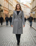 női hosszú szövet kabát kapucnis szürke
