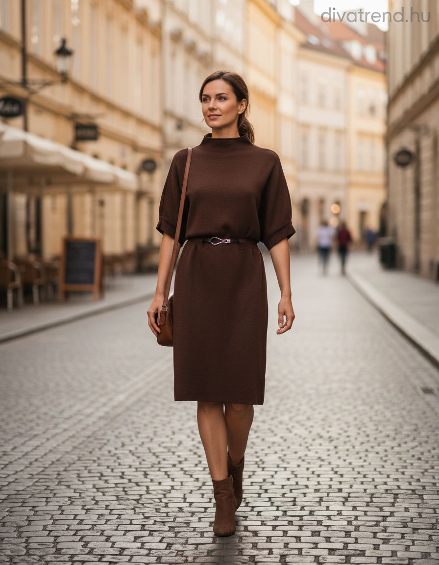 Zstudio női kötött ruha háromnegyedes ujjú magas nyakú térd