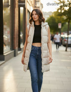 női steppelt mellény, hosszú, kapucnis, bézs