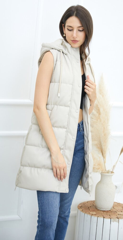 női steppelt mellény, hosszú, kapucnis, bézs