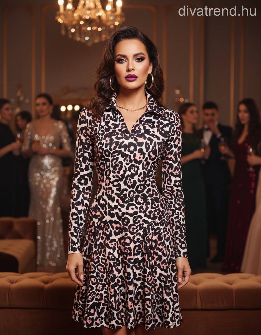 Kikiriki női állat mintás ruha hosszú ujjú A vonalú V nyakú térd