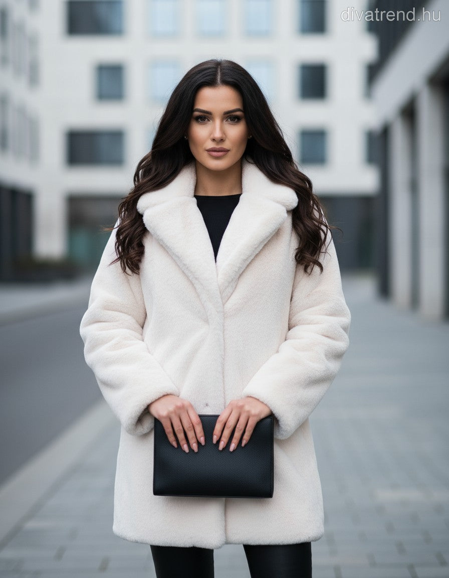 műszőrme kabát, hosszú, V-nyakú, fehér