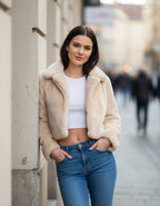 3DESY női vastag műszőrme kabMellBlé rövidebb hosszú ujjú V nyakú