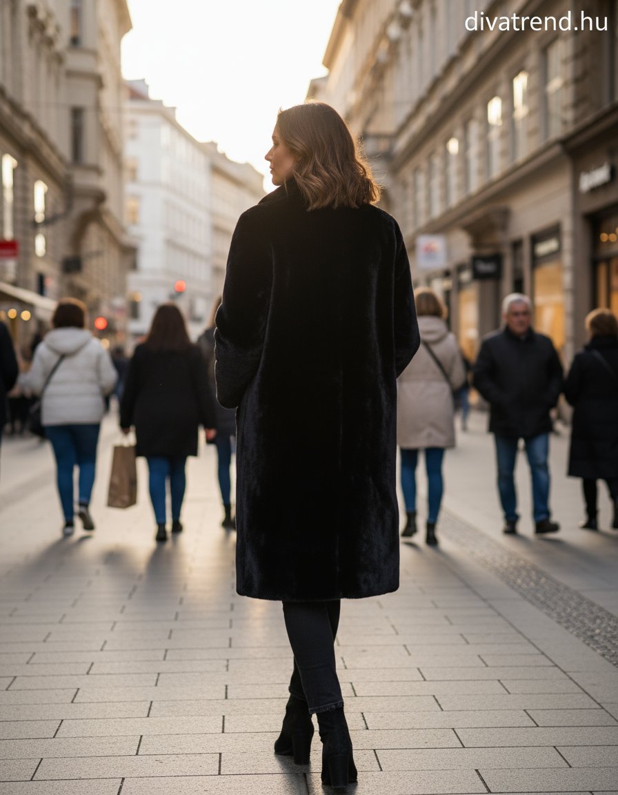 Hosszú női műszőrme kabát – Puha téli szőrmekabát hátulról