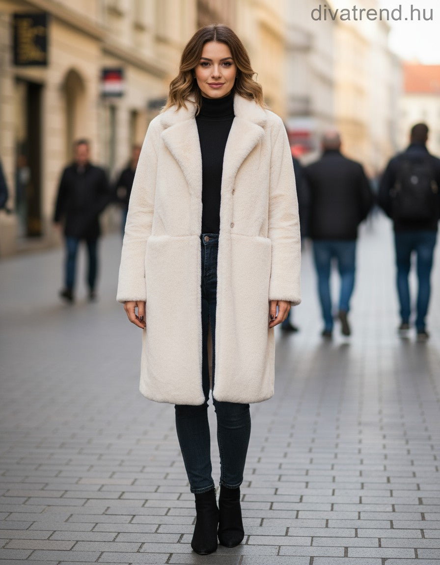 3DESY női vastag műszőrme téli kabát hosszabb hosszú ujjú V nyakú