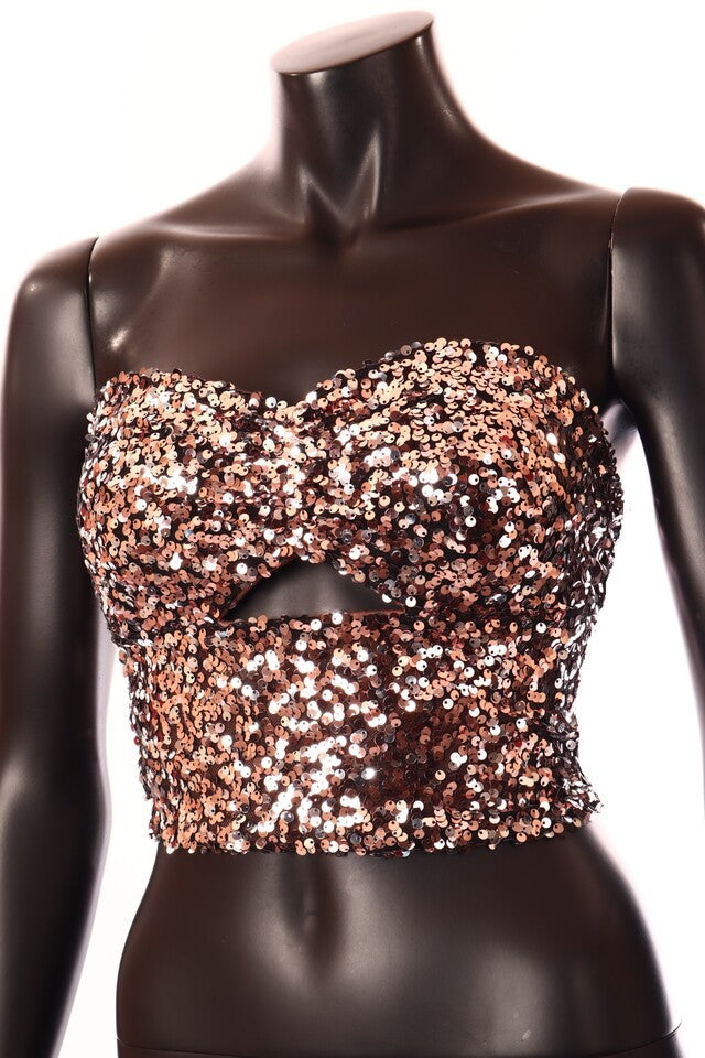 barna flitteres crop top, vállpánt nélküli