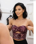 bordó ezüst flitteres crop top, vállpánt nélküli