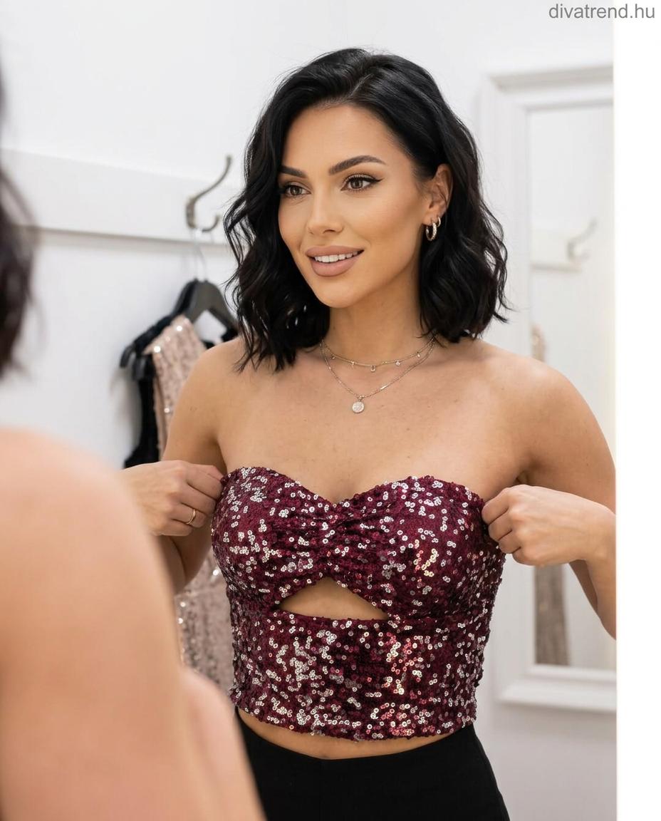 bordó ezüst flitteres crop top, vállpánt nélküli