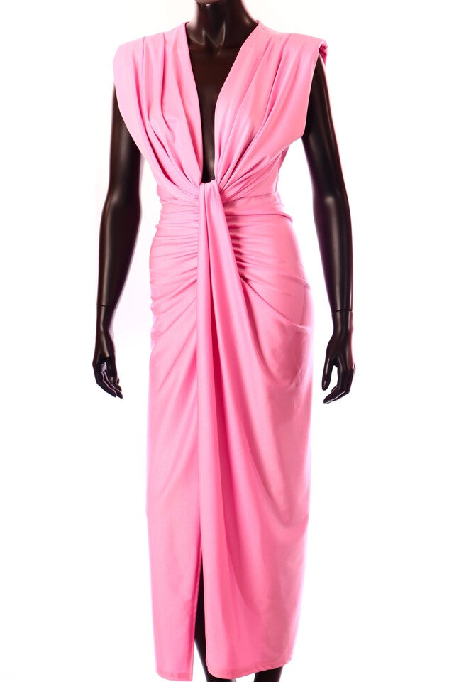 pink szatén maxi ruha csavart derékkal