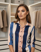 kék sötét bézs női csíkos szatén ing