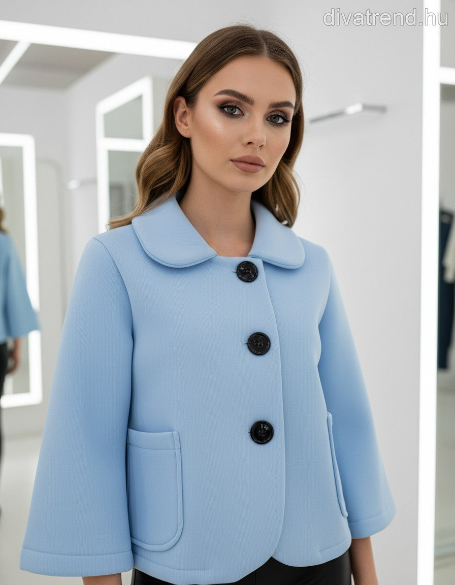 kék világos női rövid kabát scuba anyagból