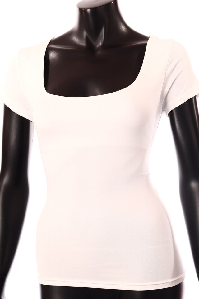 Trendying női vékony top rövid ujjú alakhangsúlyozó U nyakú