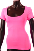 Trendying női vékony top rövid ujjú alakhangsúlyozó U nyakú