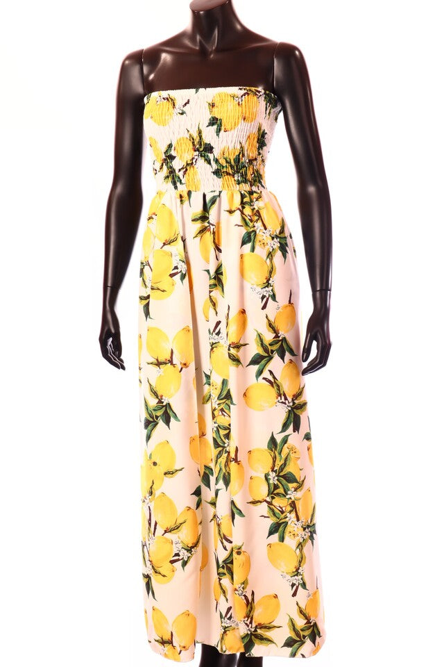 olasz női gyümölcs mintás vékony ruha ujjatlan váll nélküli maxi