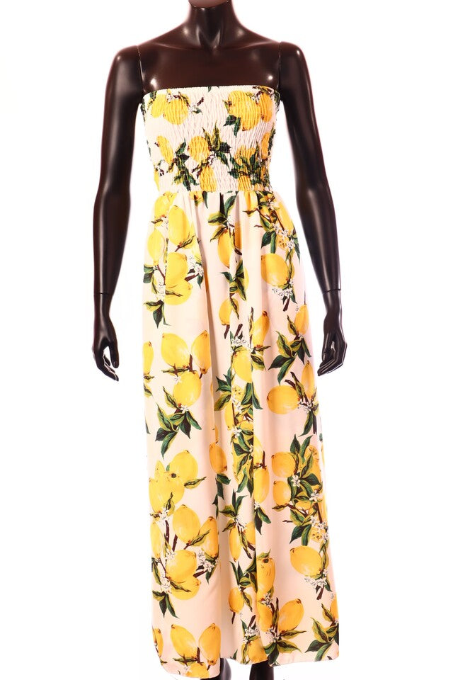 olasz női gyümölcs mintás vékony ruha ujjatlan váll nélküli maxi