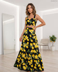 fekete sárga citrommintás nyári szett, maxi szoknya és crop top