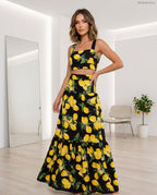 fekete sárga citrommintás nyári szett, maxi szoknya és crop top