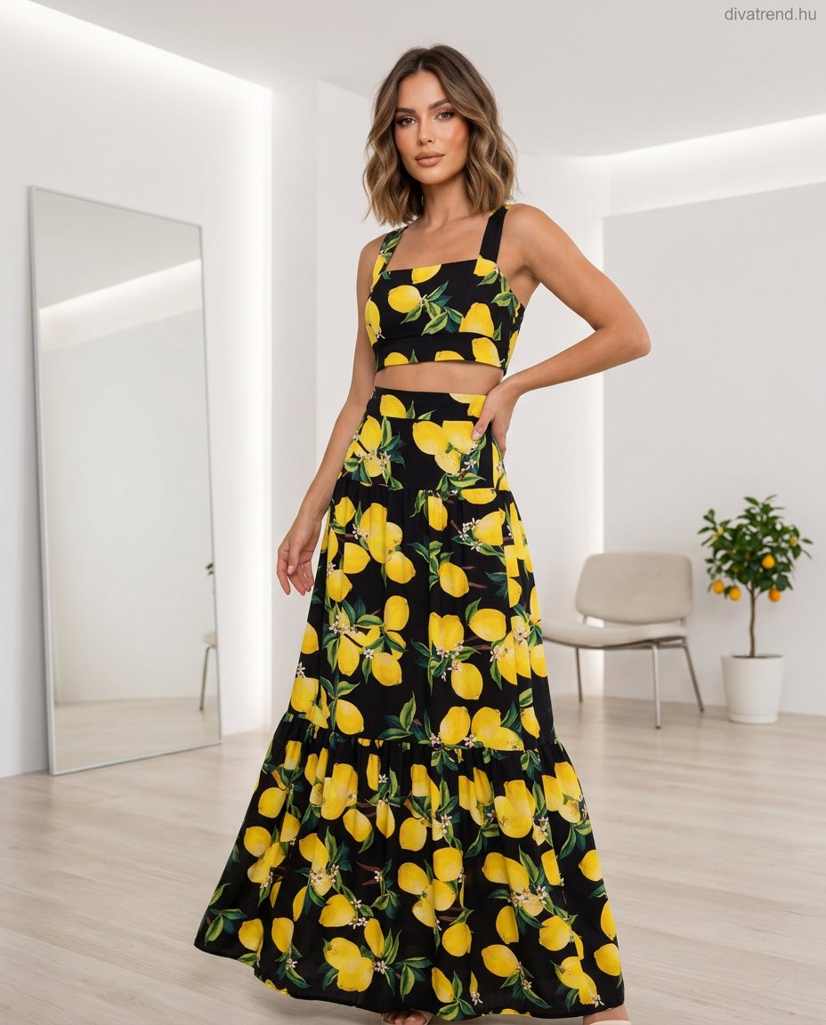 fekete sárga citrommintás nyári szett, maxi szoknya és crop top