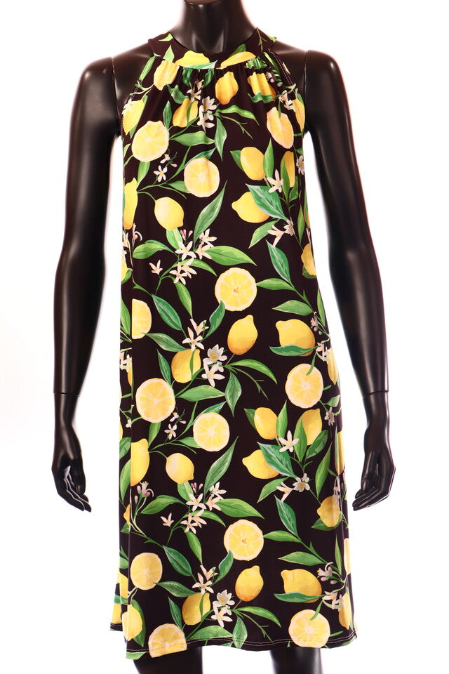 olasz női gyümölcs mintás vékony ruha ujjatlan magas nyakú térd