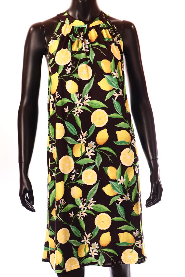 olasz női gyümölcs mintás vékony ruha ujjatlan magas nyakú térd