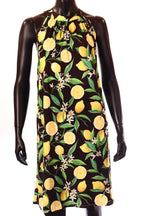 olasz női gyümölcs mintás vékony ruha ujjatlan magas nyakú térd