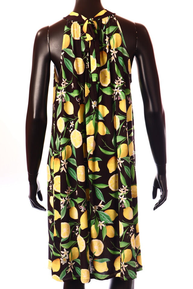 olasz női gyümölcs mintás vékony ruha ujjatlan magas nyakú térd