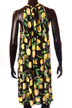 olasz női gyümölcs mintás vékony ruha ujjatlan magas nyakú térd