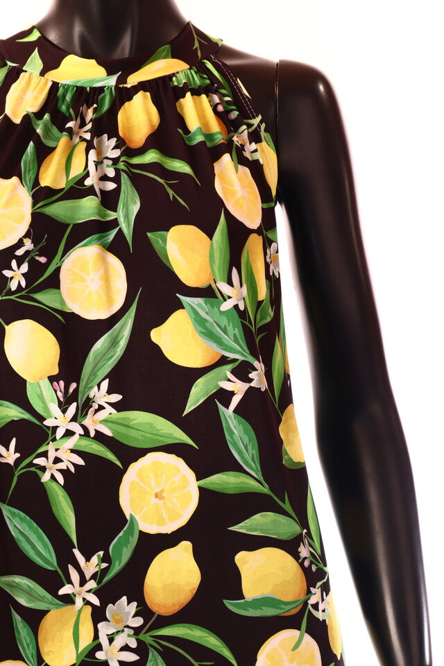 olasz női gyümölcs mintás vékony ruha ujjatlan magas nyakú térd