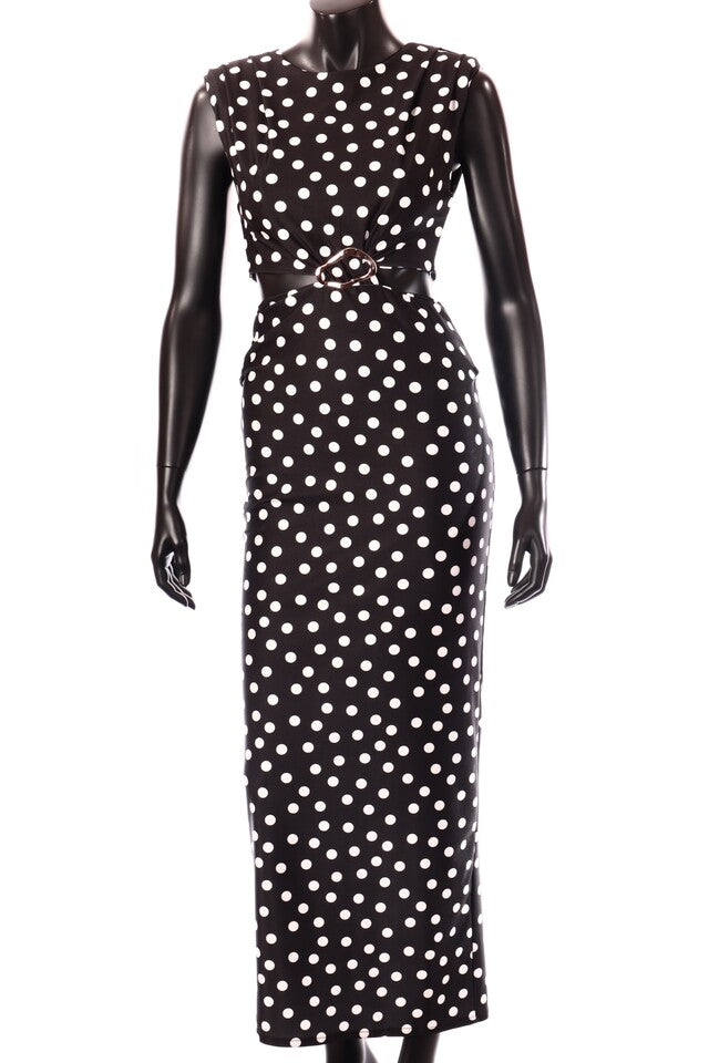 olasz női pöttyös ruha ujjatlan alakhangsúlyozó kerek nyakú maxi