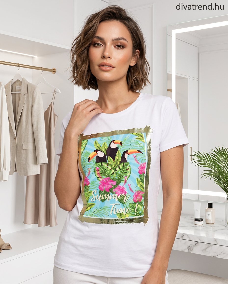 fehér női pamut póló Summer Time Tukán madarak