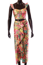 olasz női virág mintás szett ujjatlan hosszú U nyakú