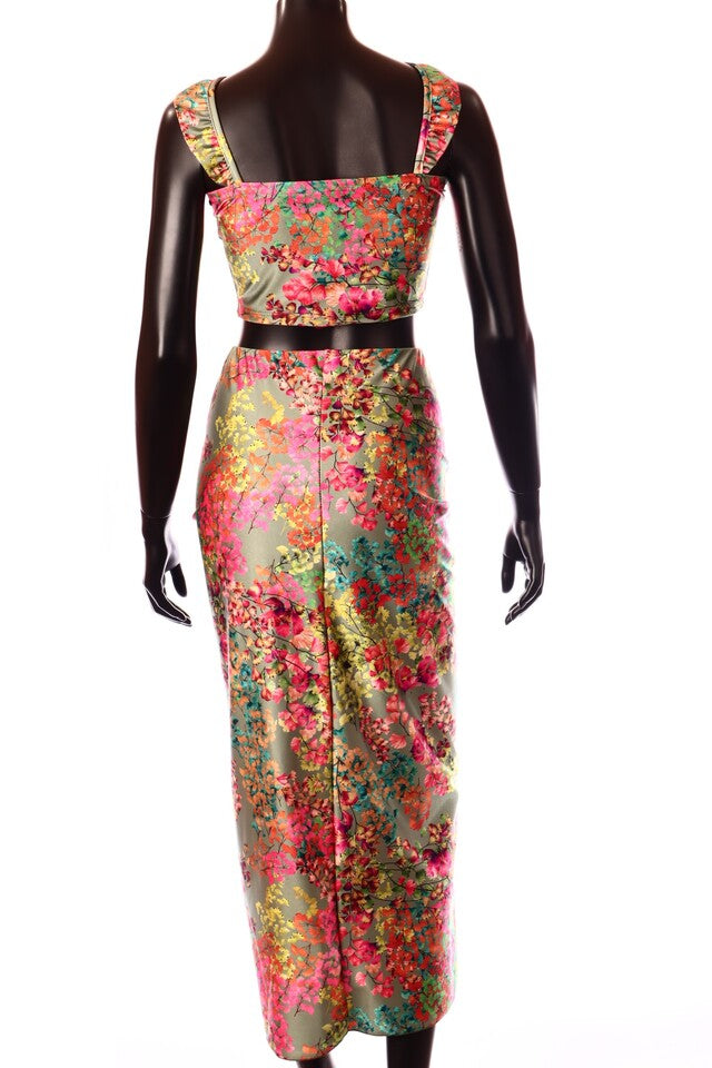 olasz női virág mintás szett ujjatlan hosszú U nyakú