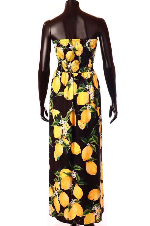 olasz női gyümölcs mintás ruha ujjatlan váll nélküli maxi