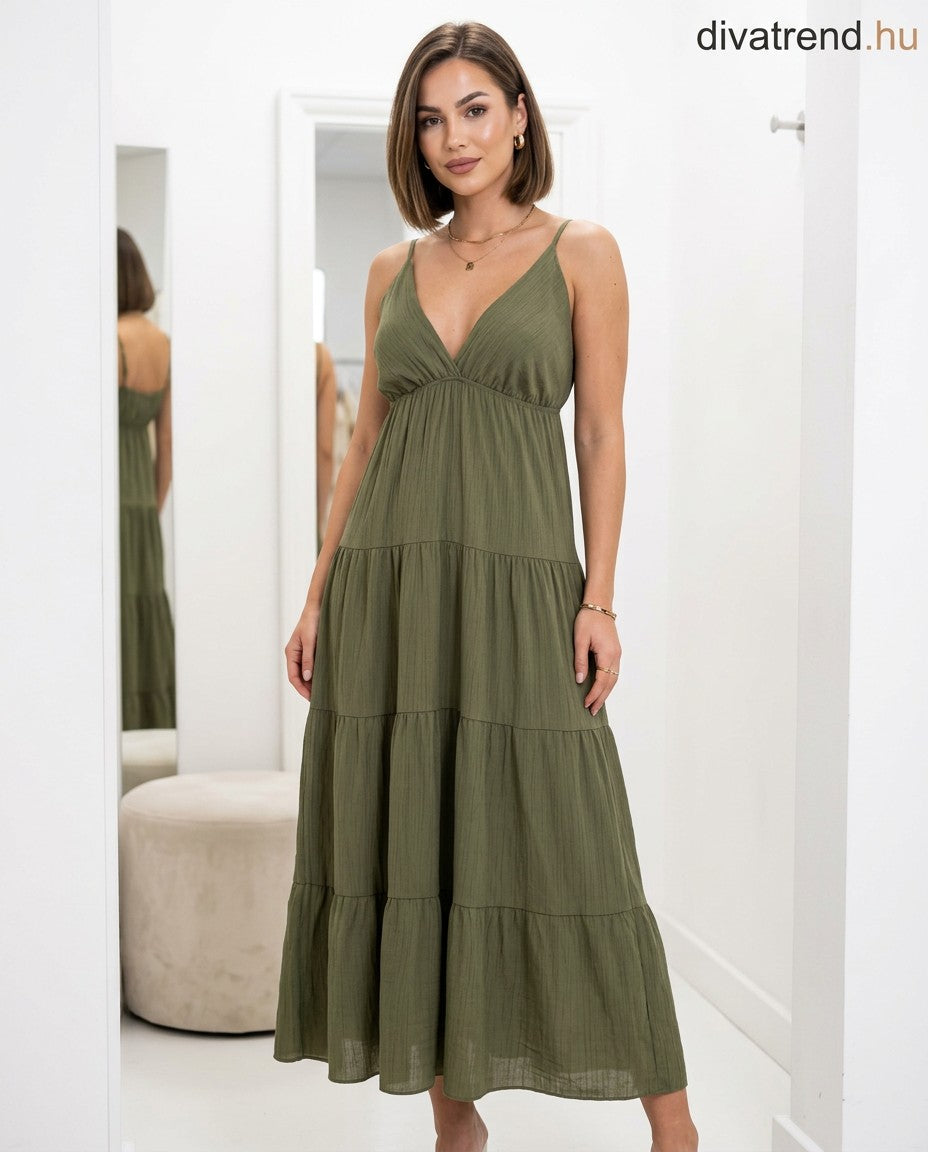 khaki nyári viszkóz maxi ruha