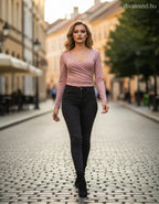 olasz női felső hosszú ujjú alakhangsúlyozó V nyakú