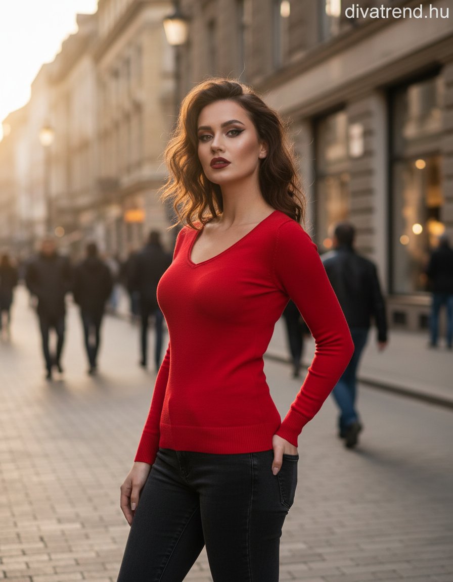 piros vékony női pulóver V-nyakú