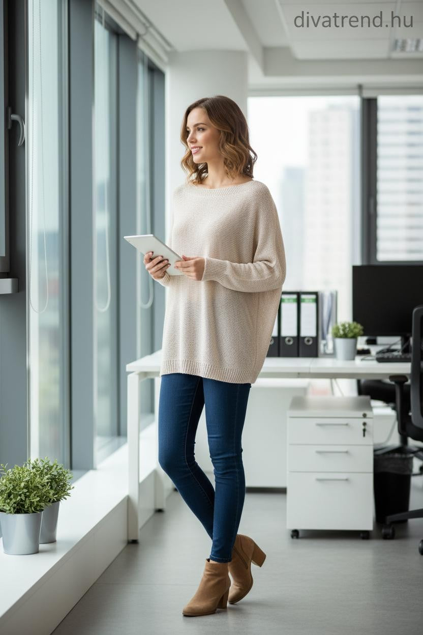 bézs női pulóver laza kötésű