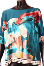 olasz női mintás szatén felső háromnegyedes ujjú kerek nyakú