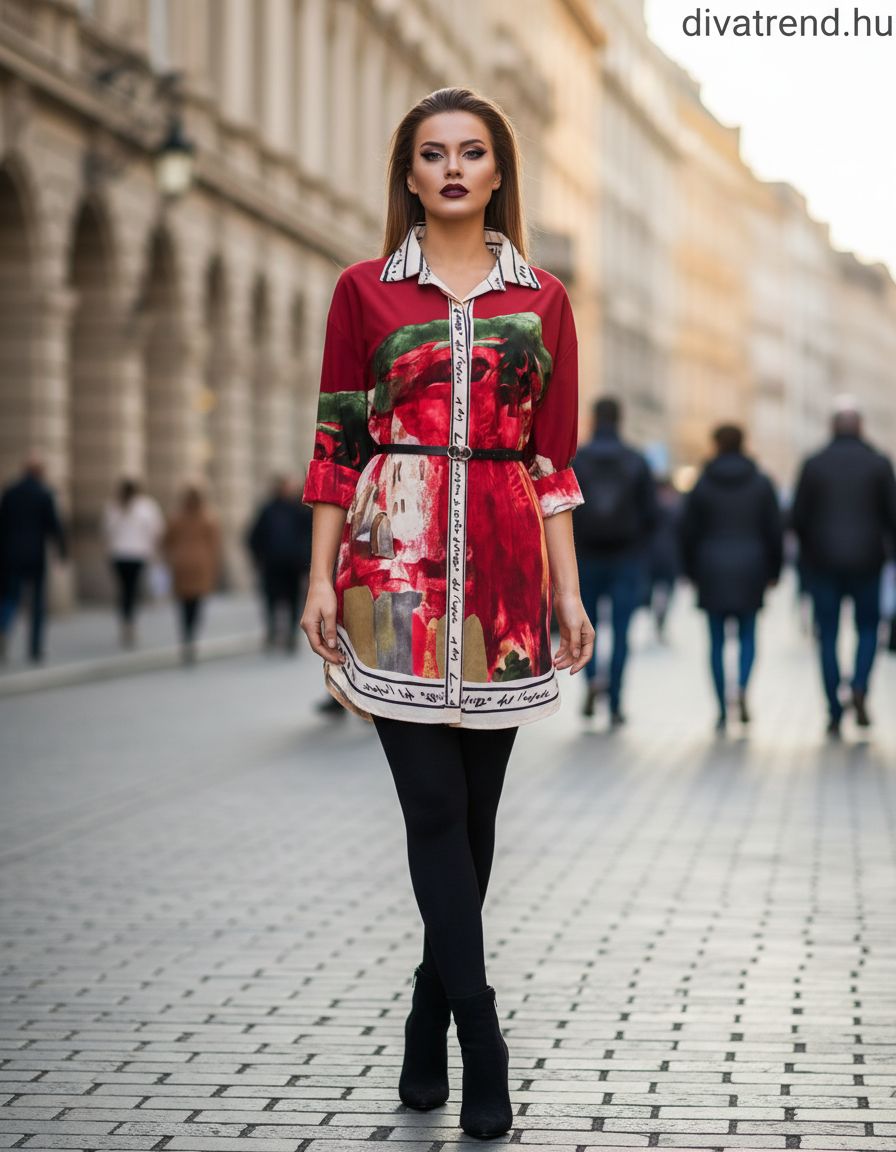 olasz női mintás ruha hosszú ujjú V nyakú térd
