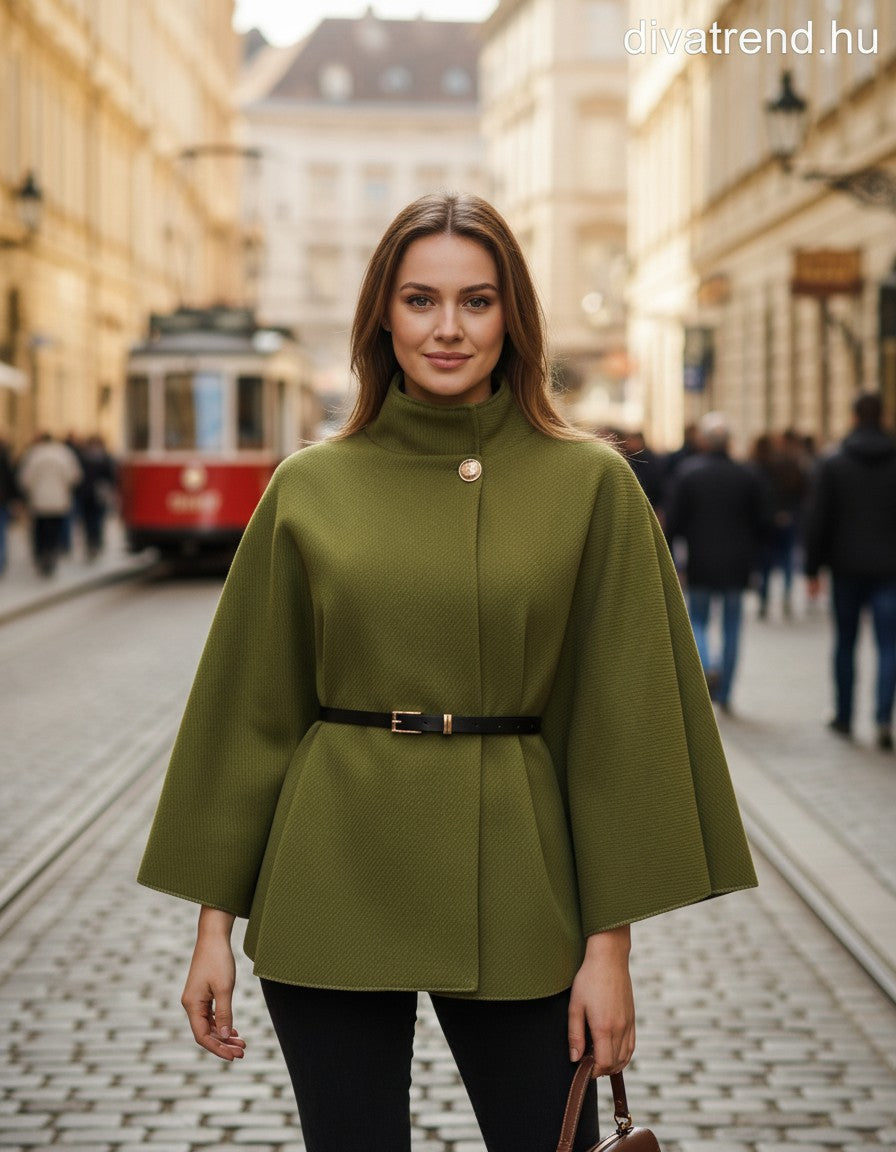 poncsó övvel sávolyszövet zöld