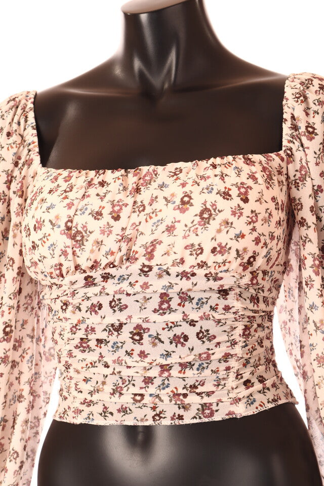 olasz női virág mintás felső hosszú ujjú U nyakú