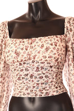 olasz női virág mintás felső hosszú ujjú U nyakú