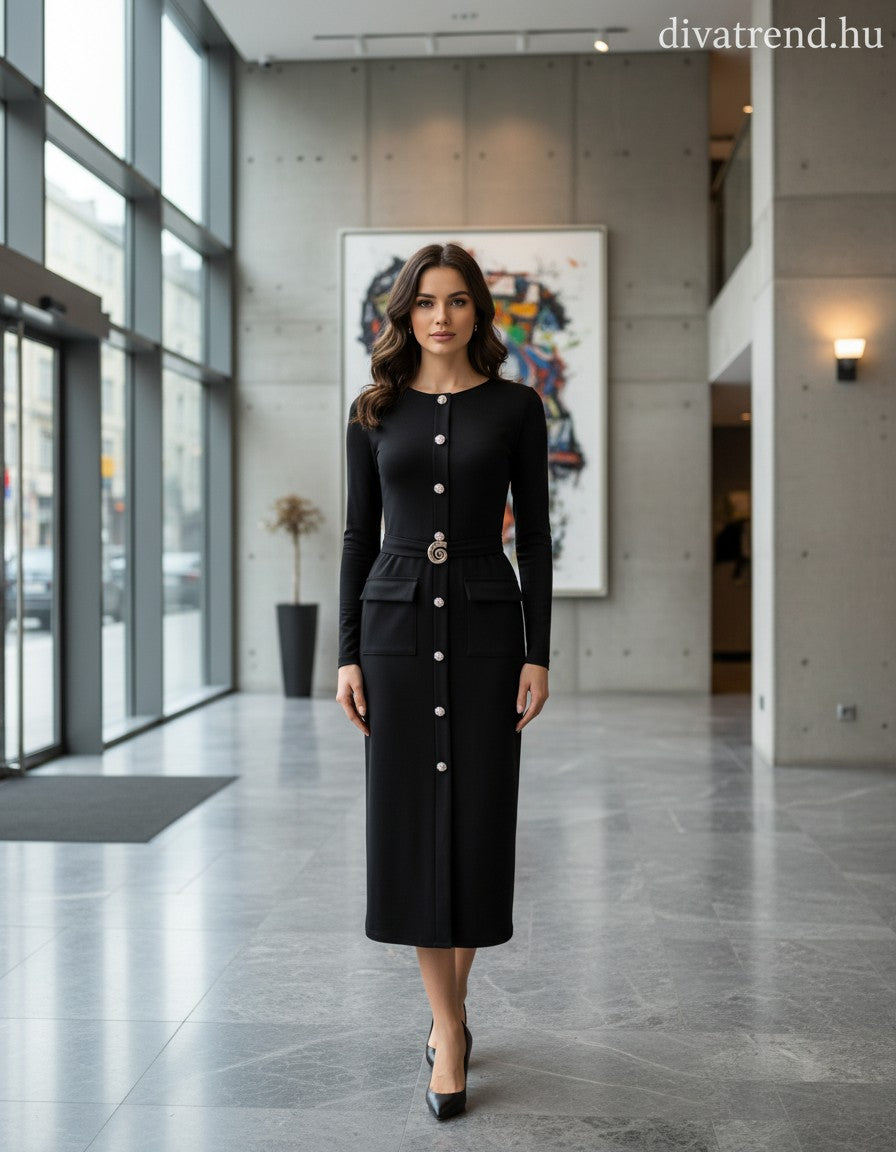 olasz női ruha hosszú ujjú alakhangsúlyozó kerek nyakú maxi